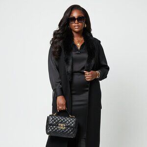 Chico's Size 2 Black Faux Fur Collar And Chest Knit Vest